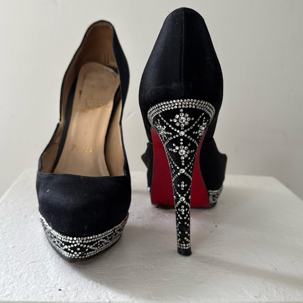 Christian Louboutin Black Satin Pump with Elaborate Crystal detailing 35.5